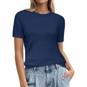 PRETTYGARDEN Women’s Short Sleeve Sweaters 2026 Spring Crew Neck Knit Work Shirts Business Casual Tops Summer Fashion Clothes(Navy Blue)