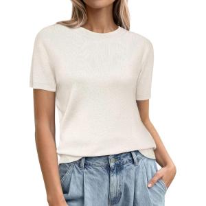PRETTYGARDEN Women’s Short Sleeve Sweaters 2026 Spring Crew Neck Knit Work Shirts Business Casual Tops Summer Fashion Clothes(White)