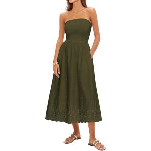 PRETTYGARDEN Womens Summer Dresses 2026 Sexy Sleeveless Tube Top Long Dress Eyelet Cotton Maxi Beach Sundress Pockets(Army Green)