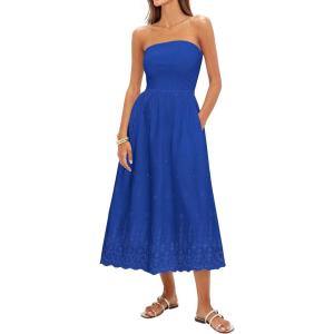 PRETTYGARDEN Womens Summer Dresses 2026 Sexy Sleeveless Tube Top Long Dress Eyelet Cotton Maxi Beach Sundress Pockets(Blue)