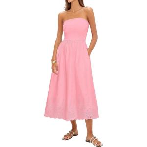 PRETTYGARDEN Womens Summer Dresses 2026 Sexy Sleeveless Tube Top Long Dress Eyelet Cotton Maxi Beach Sundress Pockets(Pink)
