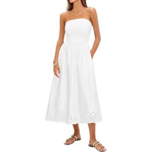 PRETTYGARDEN Womens Summer Dresses 2026 Sexy Sleeveless Tube Top Long Dress Eyelet Cotton Maxi Beach Sundress Pockets(White)