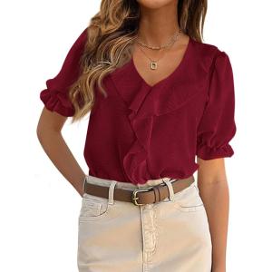 PRETTYGARDEN Women’s Summer Dressy Casual Blouses 2026 Short Sleeve V Neck Ruffle Business Work Tops Trendy Spring Outfits(Burgundy)
