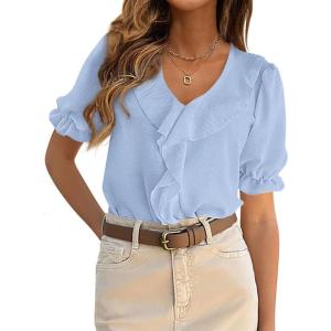 PRETTYGARDEN Women’s Summer Dressy Casual Blouses 2026 Short Sleeve V Neck Ruffle Business Work Tops Trendy Spring Outfits(Light Blue)