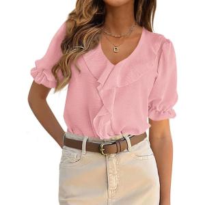 PRETTYGARDEN Women’s Summer Dressy Casual Blouses 2026 Short Sleeve V Neck Ruffle Business Work Tops Trendy Spring Outfits(Pink)
