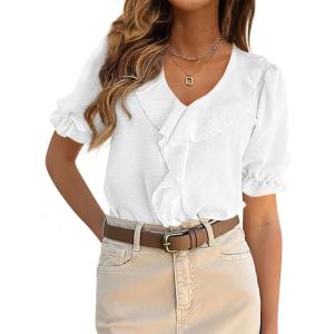PRETTYGARDEN Women’s Summer Dressy Casual Blouses 2026 Short Sleeve V Neck Ruffle Business Work Tops Trendy Spring Outfits(White)
