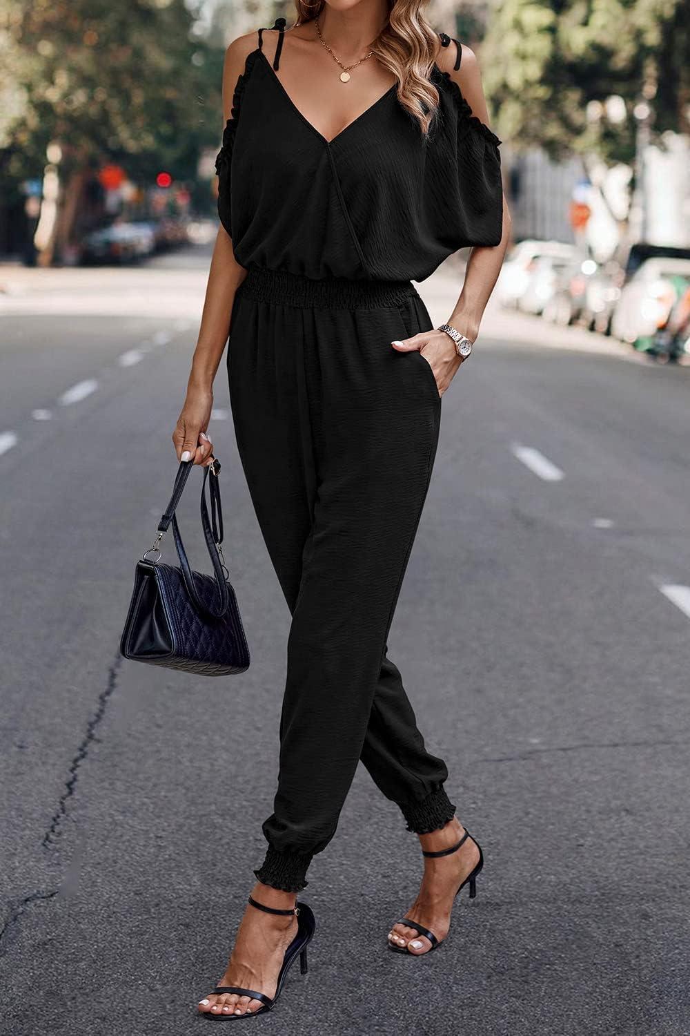 imagePRETTYGARDEN Jumpsuit for Women Casual Wrap V Neck Cold Shoulder One Piece Outfits Pants Romper BlackLarge