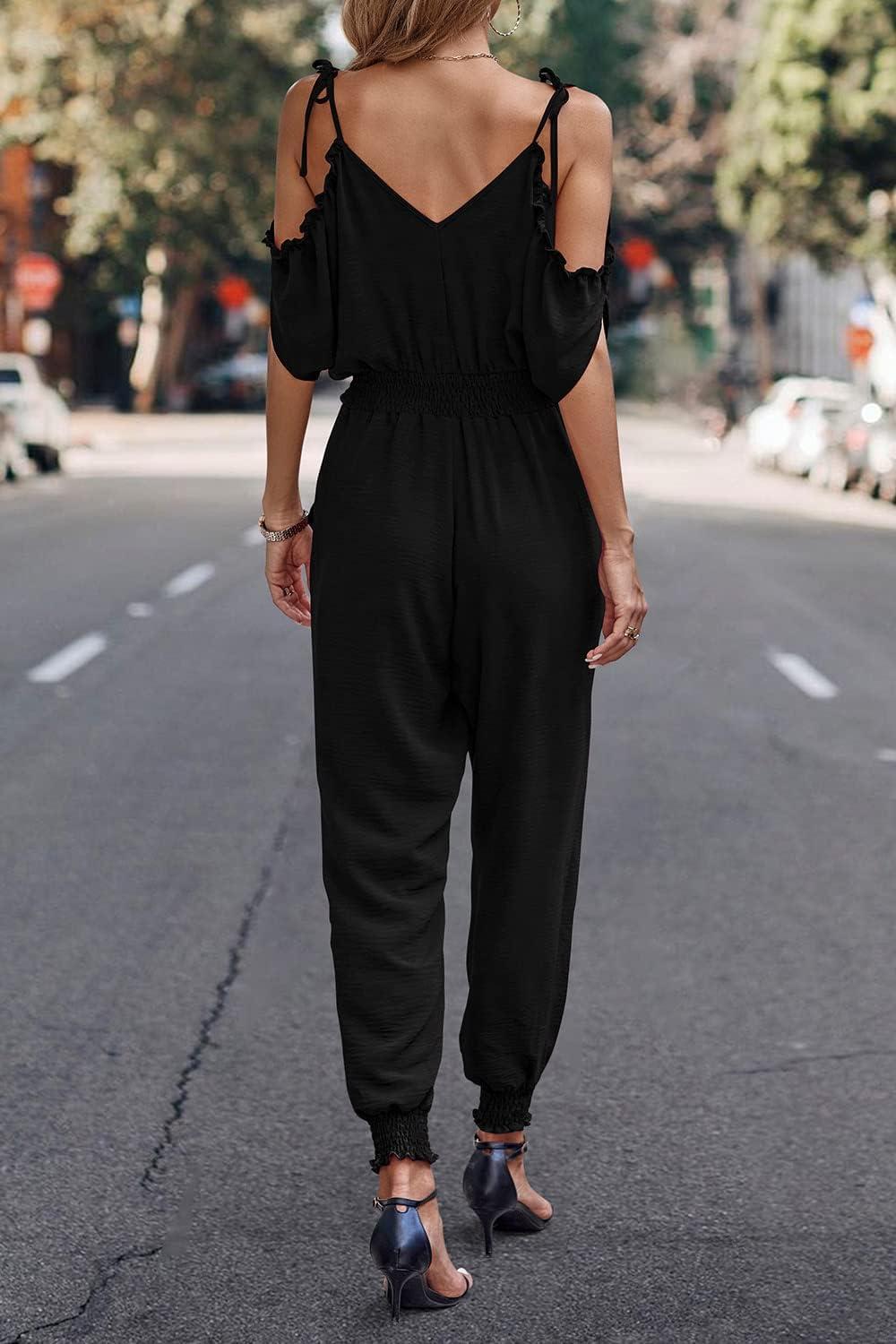 imagePRETTYGARDEN Jumpsuit for Women Casual Wrap V Neck Cold Shoulder One Piece Outfits Pants Romper BlackLarge