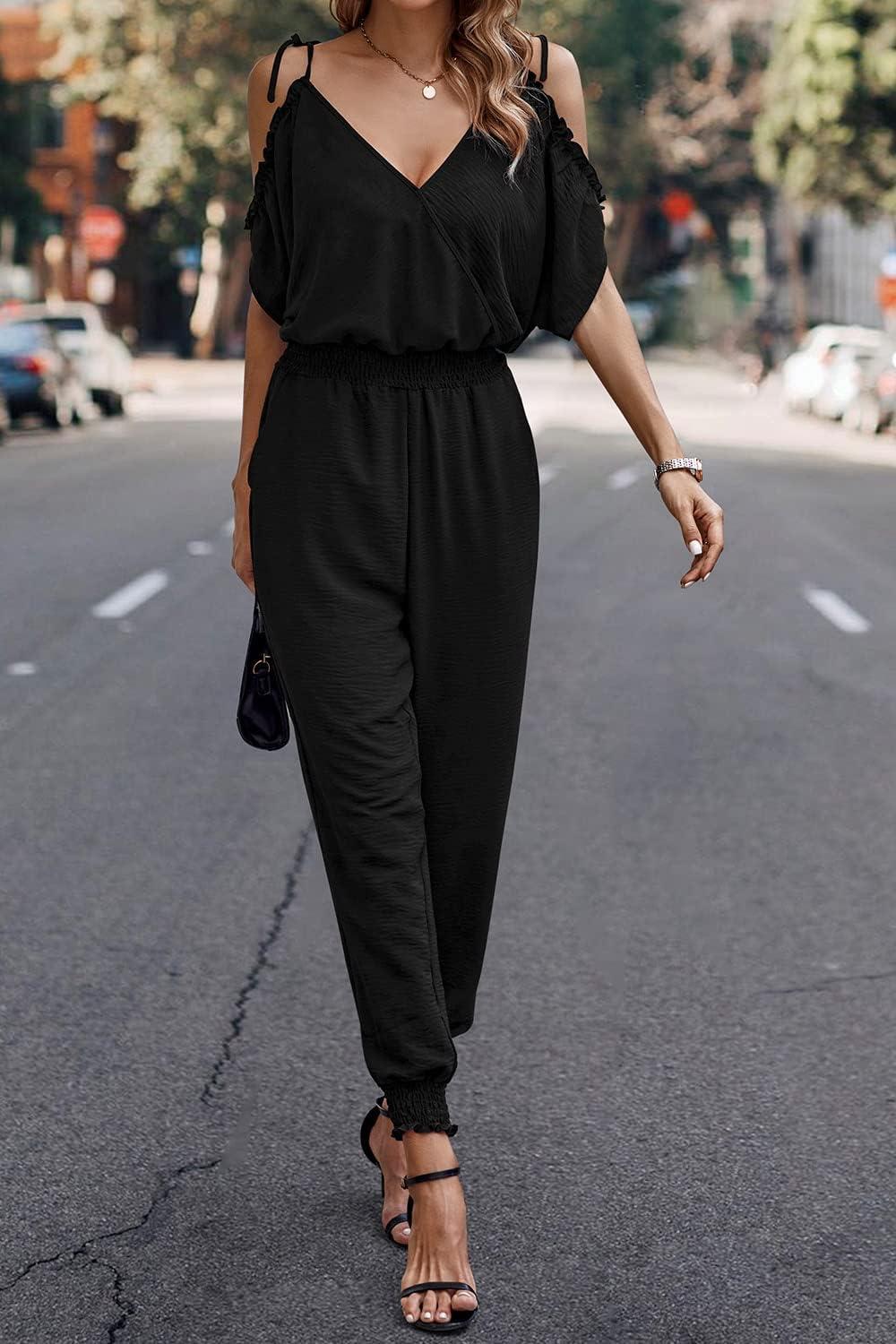 imagePRETTYGARDEN Jumpsuit for Women Casual Wrap V Neck Cold Shoulder One Piece Outfits Pants Romper BlackLarge