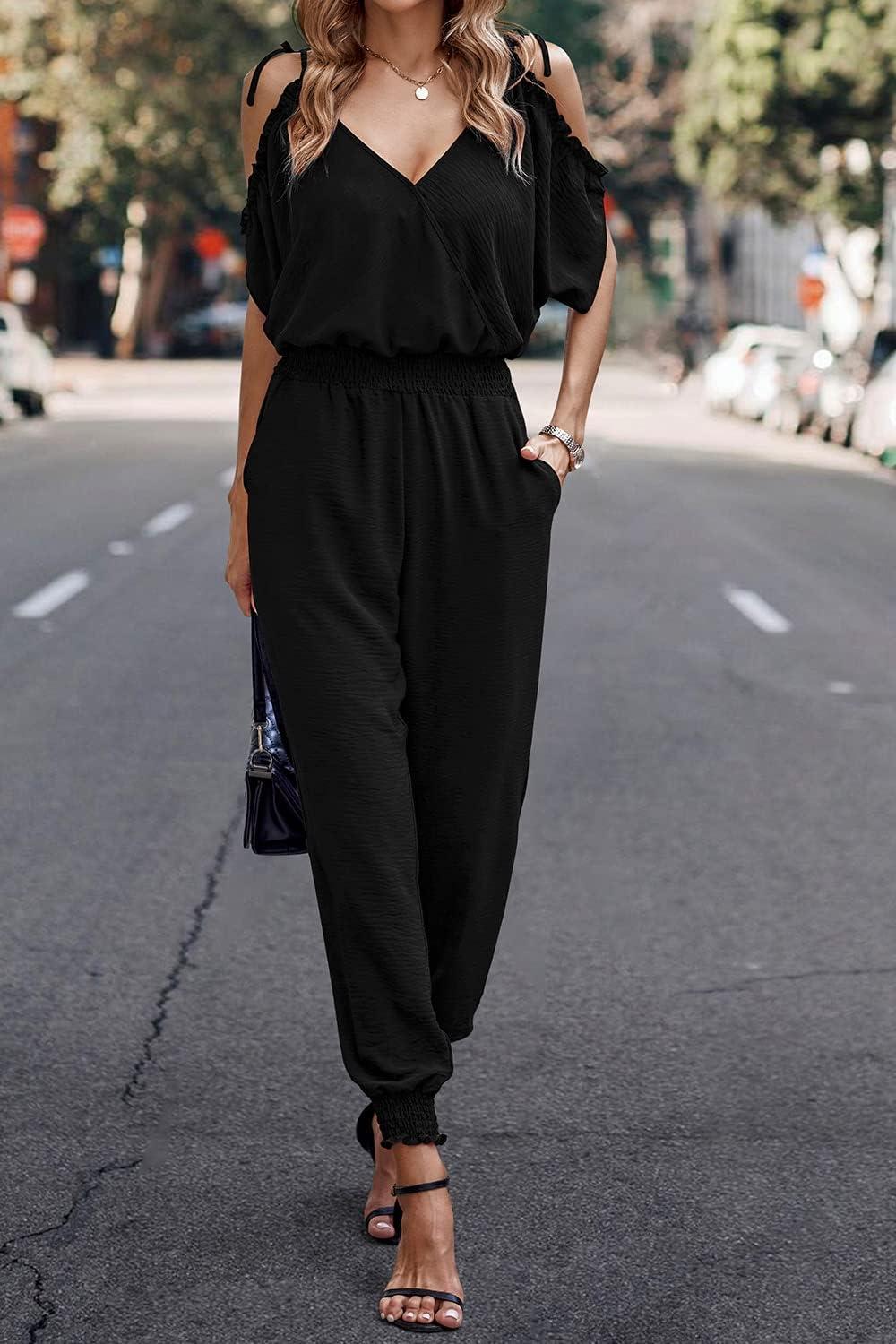 imagePRETTYGARDEN Jumpsuit for Women Casual Wrap V Neck Cold Shoulder One Piece Outfits Pants Romper BlackLarge