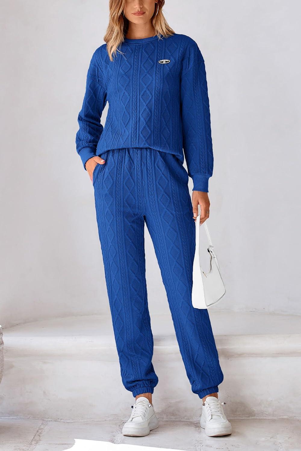 imagePRETTYGARDEN Lounge Sets For Women Fall 2024 Matching Sets Clothing 2 Piece Outfits Long Sleeve Tracksuit Textured Sets BlueMedium