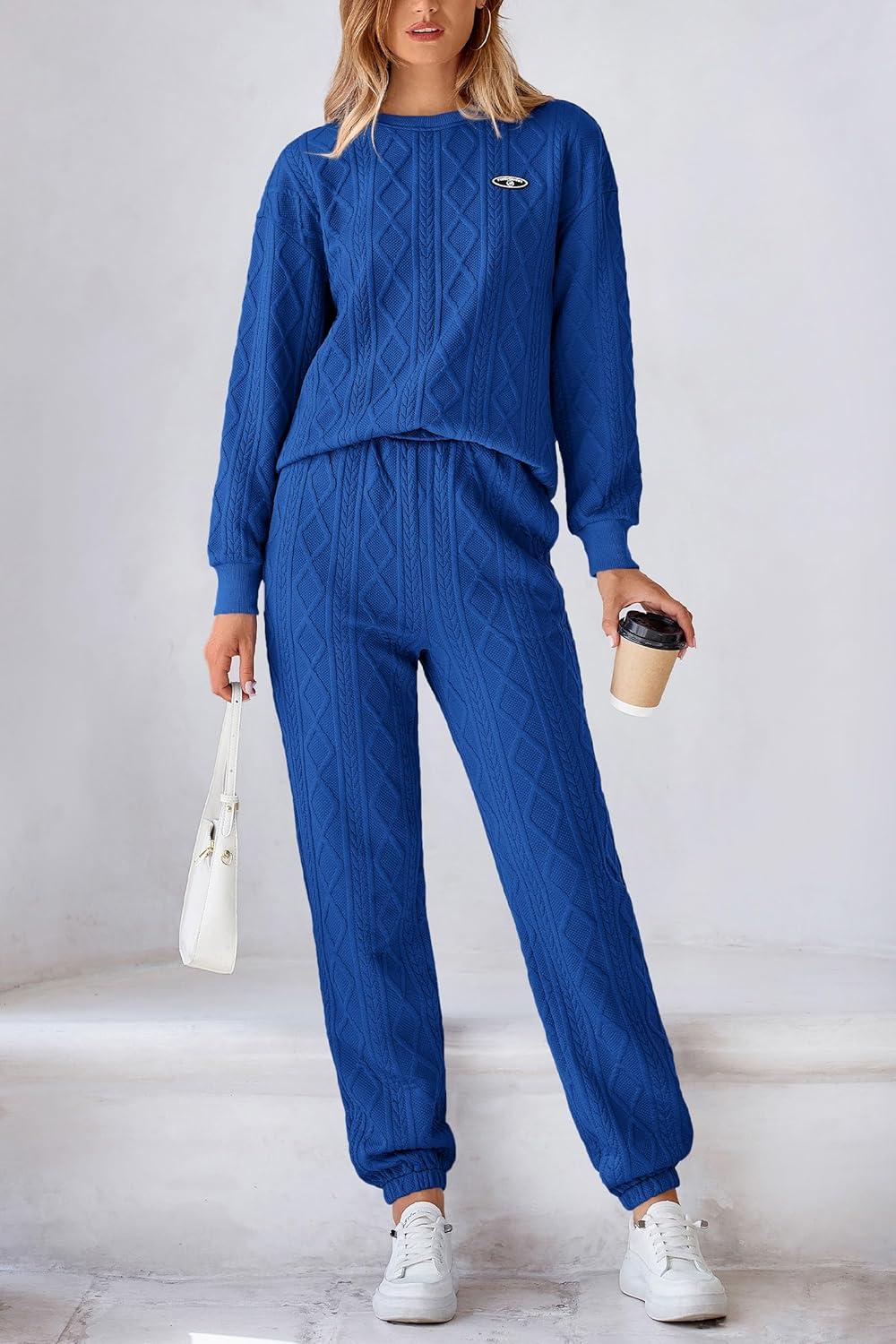 imagePRETTYGARDEN Lounge Sets For Women Fall 2024 Matching Sets Clothing 2 Piece Outfits Long Sleeve Tracksuit Textured Sets BlueMedium