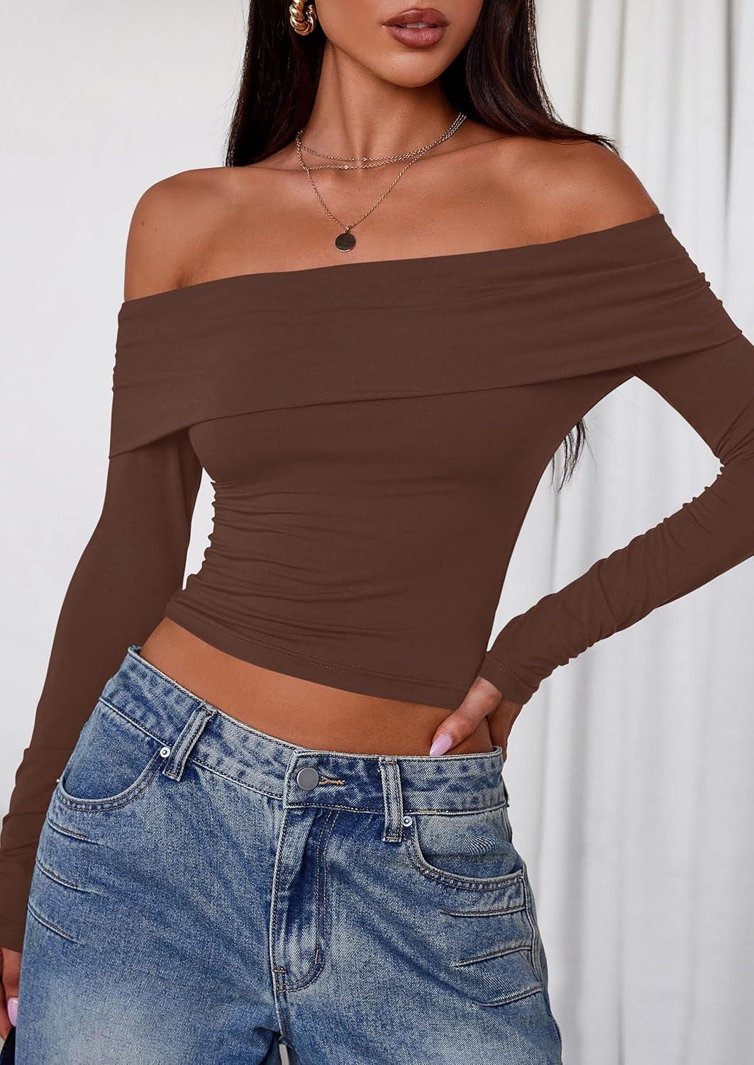 imagePRETTYGARDEN Off The Shoulder Tops for Women 2025 Long Sleeve Shirts Trendy Going Out Crop Top Spring Fashion ClothesCoffee