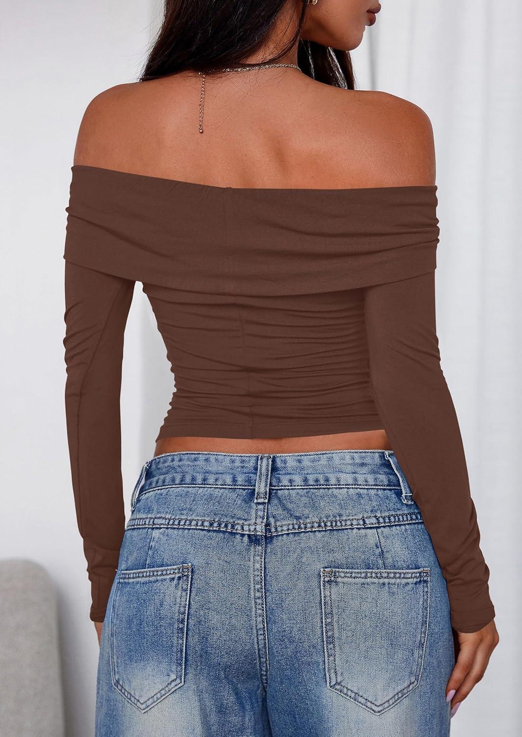 imagePRETTYGARDEN Off The Shoulder Tops for Women 2025 Long Sleeve Shirts Trendy Going Out Crop Top Spring Fashion ClothesCoffee