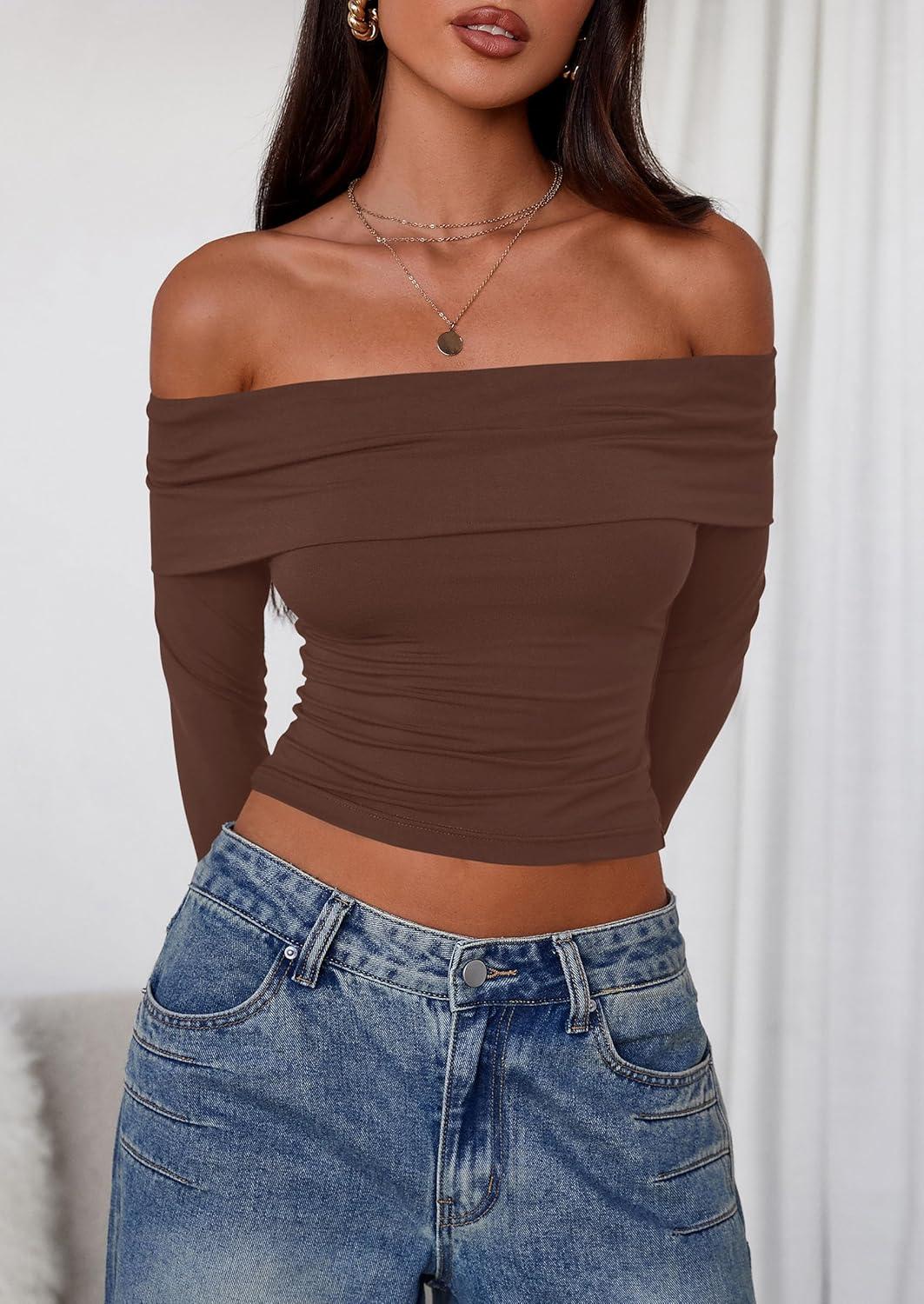 imagePRETTYGARDEN Off The Shoulder Tops for Women 2025 Long Sleeve Shirts Trendy Going Out Crop Top Spring Fashion ClothesCoffee