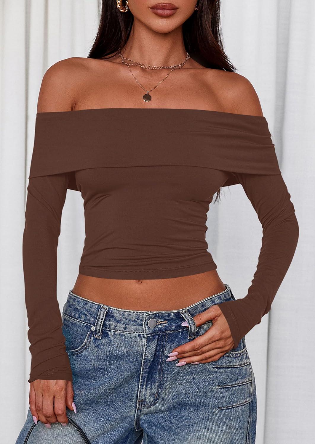 imagePRETTYGARDEN Off The Shoulder Tops for Women 2025 Long Sleeve Shirts Trendy Going Out Crop Top Spring Fashion ClothesCoffee
