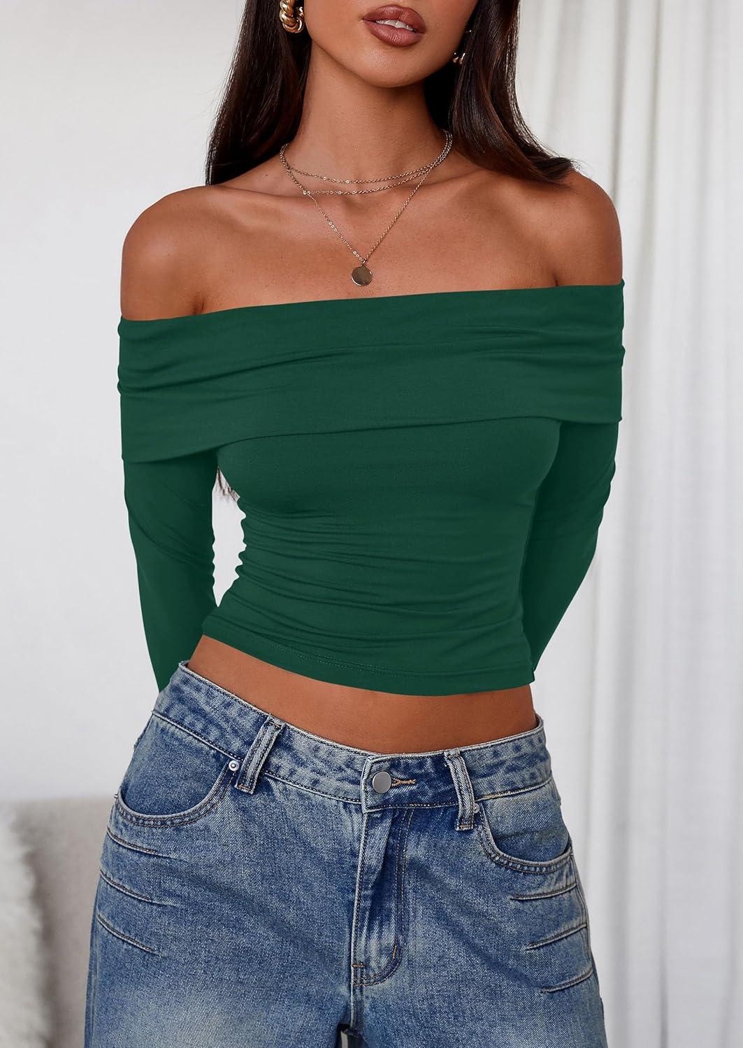 imagePRETTYGARDEN Off The Shoulder Tops for Women 2025 Long Sleeve Shirts Trendy Going Out Crop Top Spring Fashion ClothesDark Green