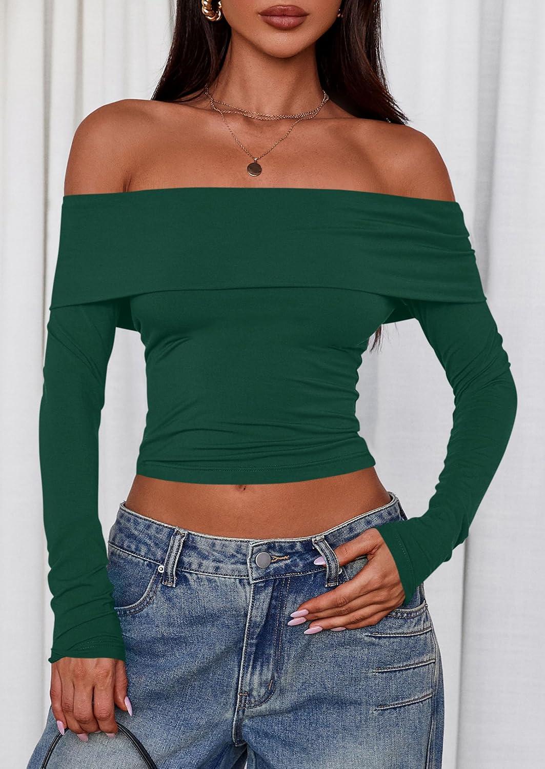imagePRETTYGARDEN Off The Shoulder Tops for Women 2025 Long Sleeve Shirts Trendy Going Out Crop Top Spring Fashion ClothesDark Green