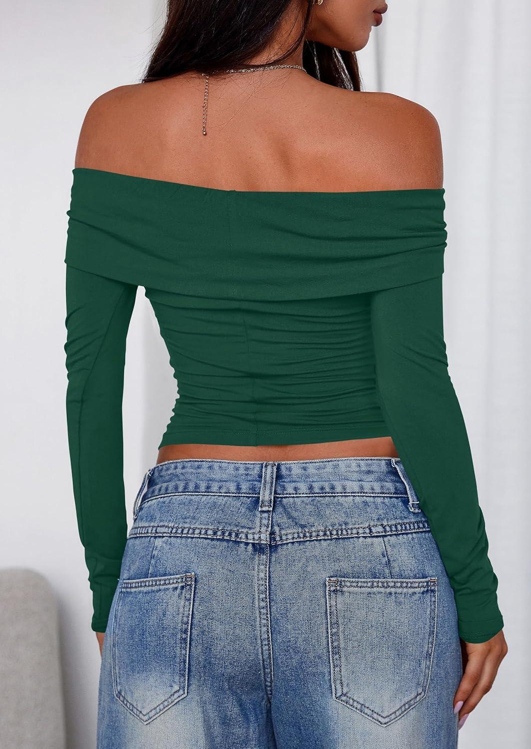 imagePRETTYGARDEN Off The Shoulder Tops for Women 2025 Long Sleeve Shirts Trendy Going Out Crop Top Spring Fashion ClothesDark Green
