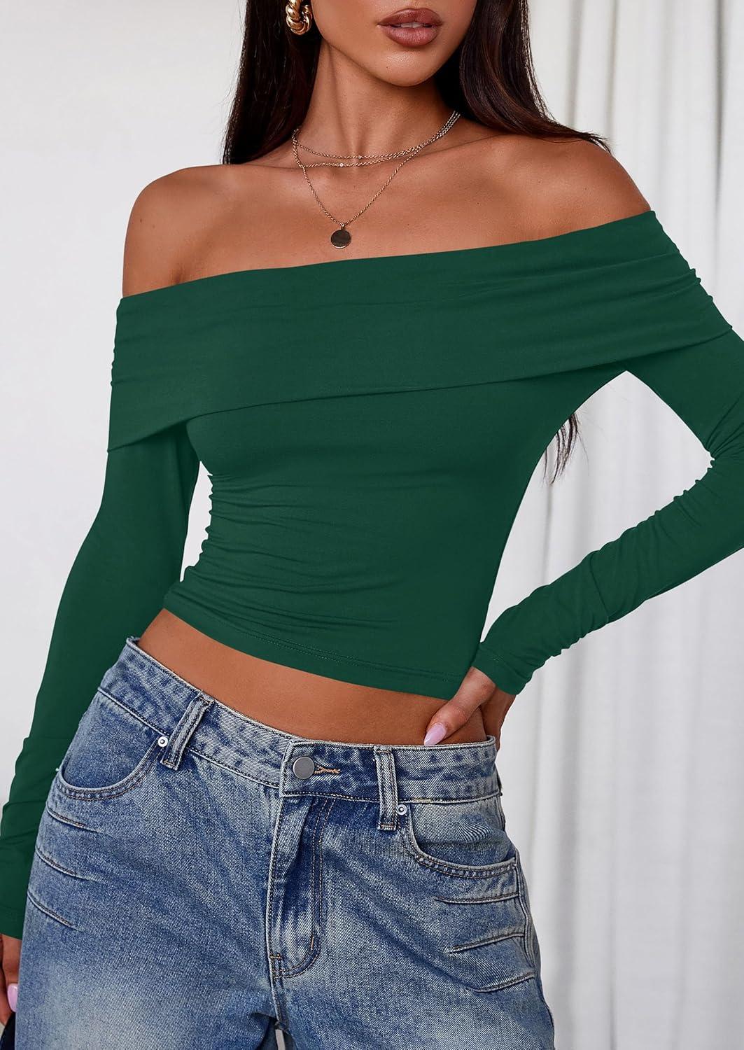 imagePRETTYGARDEN Off The Shoulder Tops for Women 2025 Long Sleeve Shirts Trendy Going Out Crop Top Spring Fashion ClothesDark Green