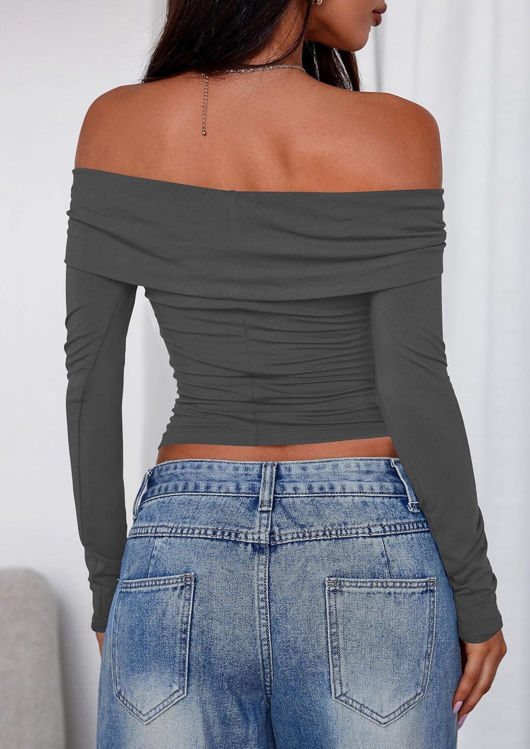 imagePRETTYGARDEN Off The Shoulder Tops for Women 2025 Long Sleeve Shirts Trendy Going Out Crop Top Spring Fashion ClothesDark Grey