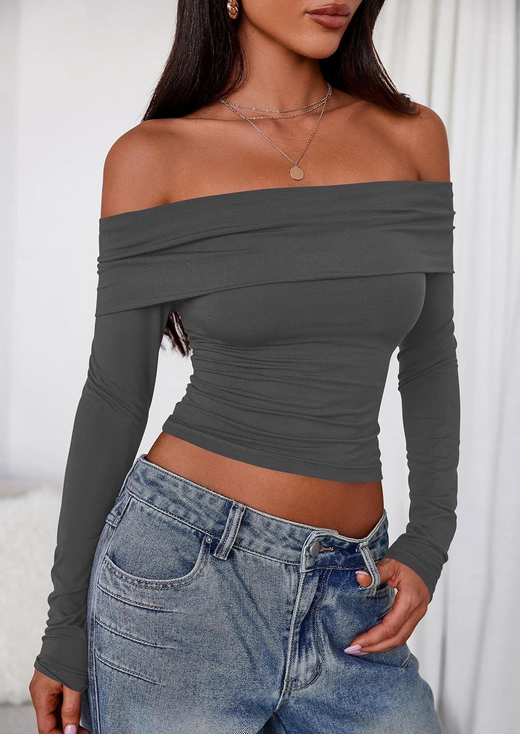 imagePRETTYGARDEN Off The Shoulder Tops for Women 2025 Long Sleeve Shirts Trendy Going Out Crop Top Spring Fashion ClothesDark Grey