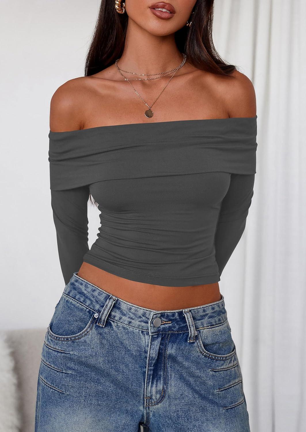 imagePRETTYGARDEN Off The Shoulder Tops for Women 2025 Long Sleeve Shirts Trendy Going Out Crop Top Spring Fashion ClothesDark Grey