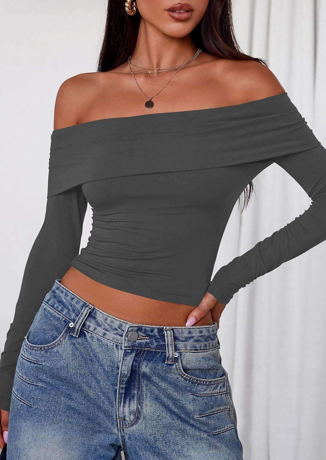 imagePRETTYGARDEN Off The Shoulder Tops for Women 2025 Long Sleeve Shirts Trendy Going Out Crop Top Spring Fashion ClothesDark Grey