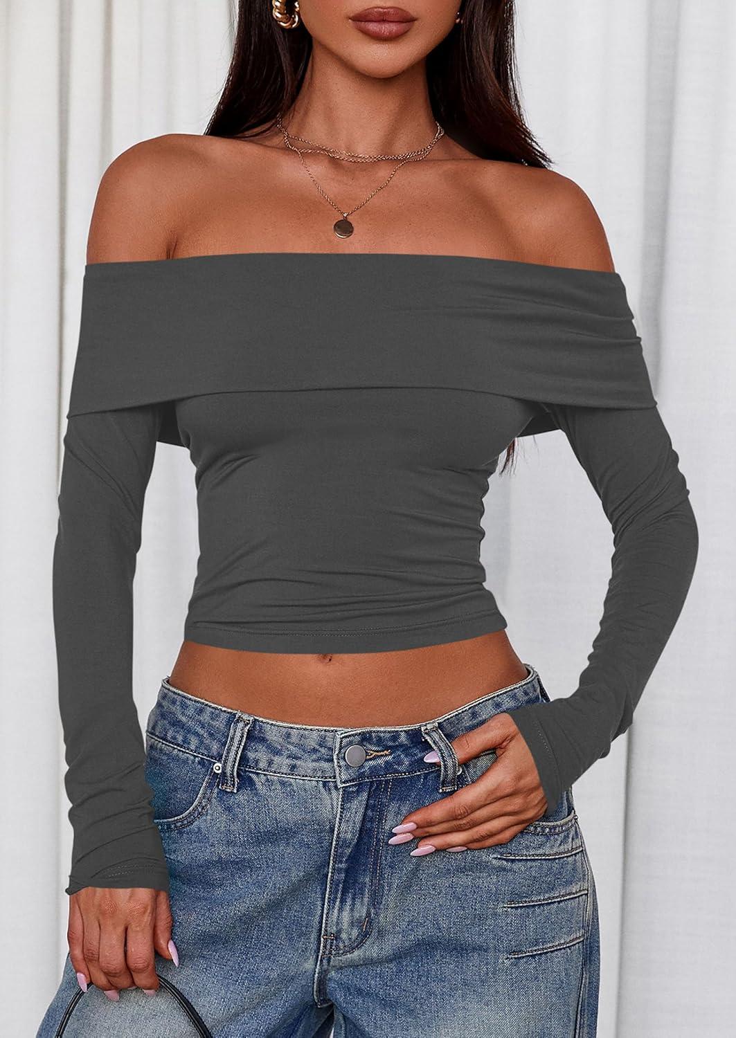 imagePRETTYGARDEN Off The Shoulder Tops for Women 2025 Long Sleeve Shirts Trendy Going Out Crop Top Spring Fashion ClothesDark Grey