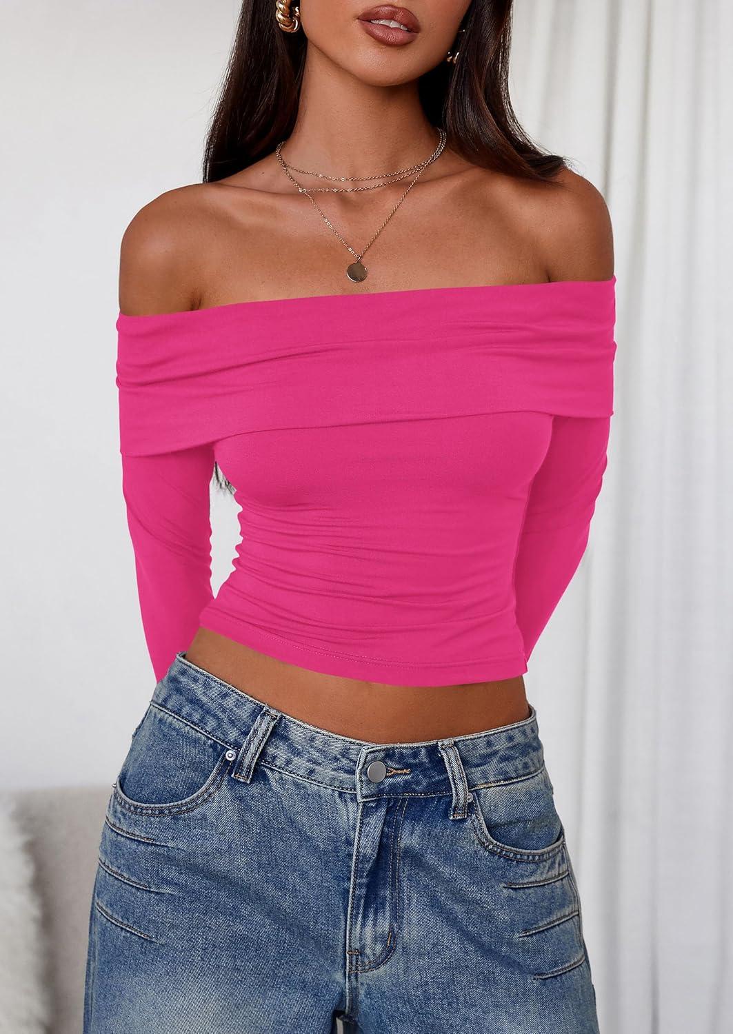 imagePRETTYGARDEN Off The Shoulder Tops for Women 2025 Long Sleeve Shirts Trendy Going Out Crop Top Spring Fashion ClothesRose Red