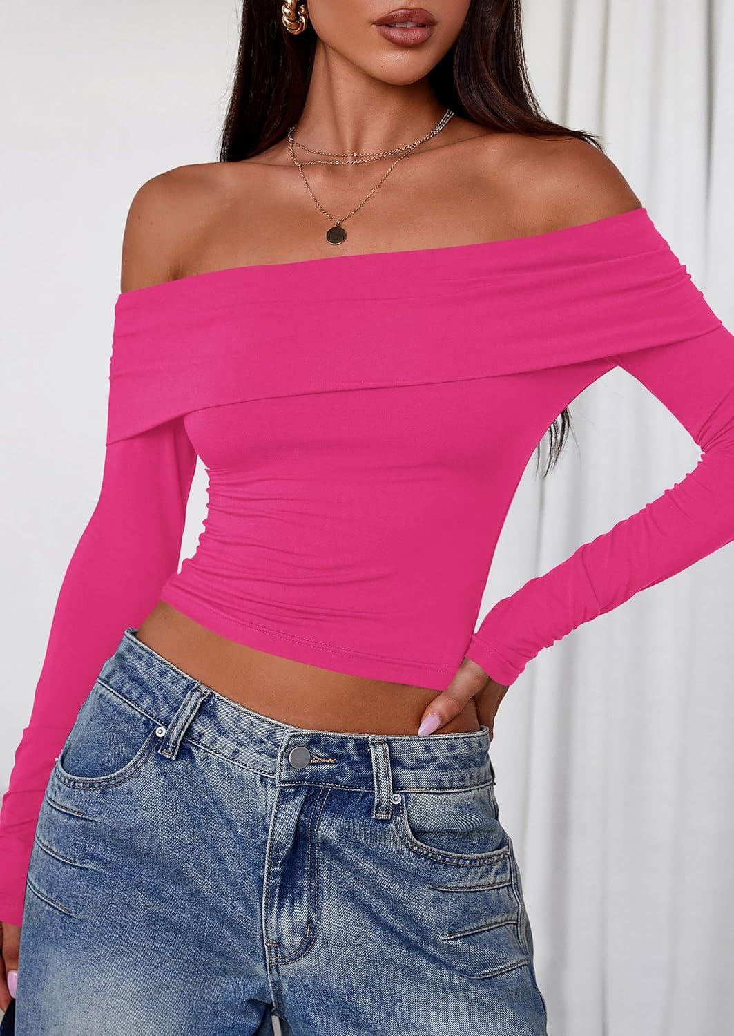 imagePRETTYGARDEN Off The Shoulder Tops for Women 2025 Long Sleeve Shirts Trendy Going Out Crop Top Spring Fashion ClothesRose Red