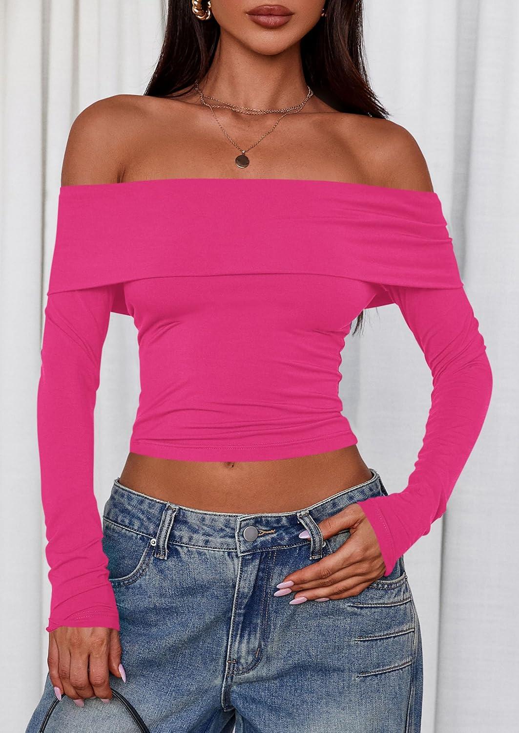 imagePRETTYGARDEN Off The Shoulder Tops for Women 2025 Long Sleeve Shirts Trendy Going Out Crop Top Spring Fashion ClothesRose Red