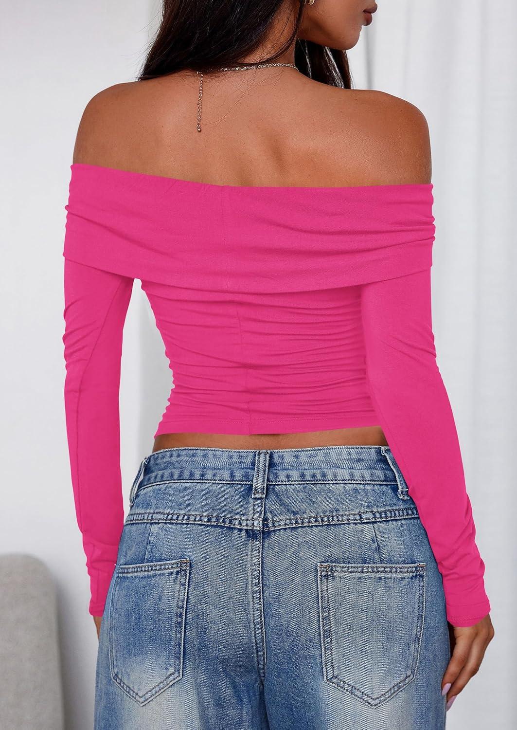 imagePRETTYGARDEN Off The Shoulder Tops for Women 2025 Long Sleeve Shirts Trendy Going Out Crop Top Spring Fashion ClothesRose Red