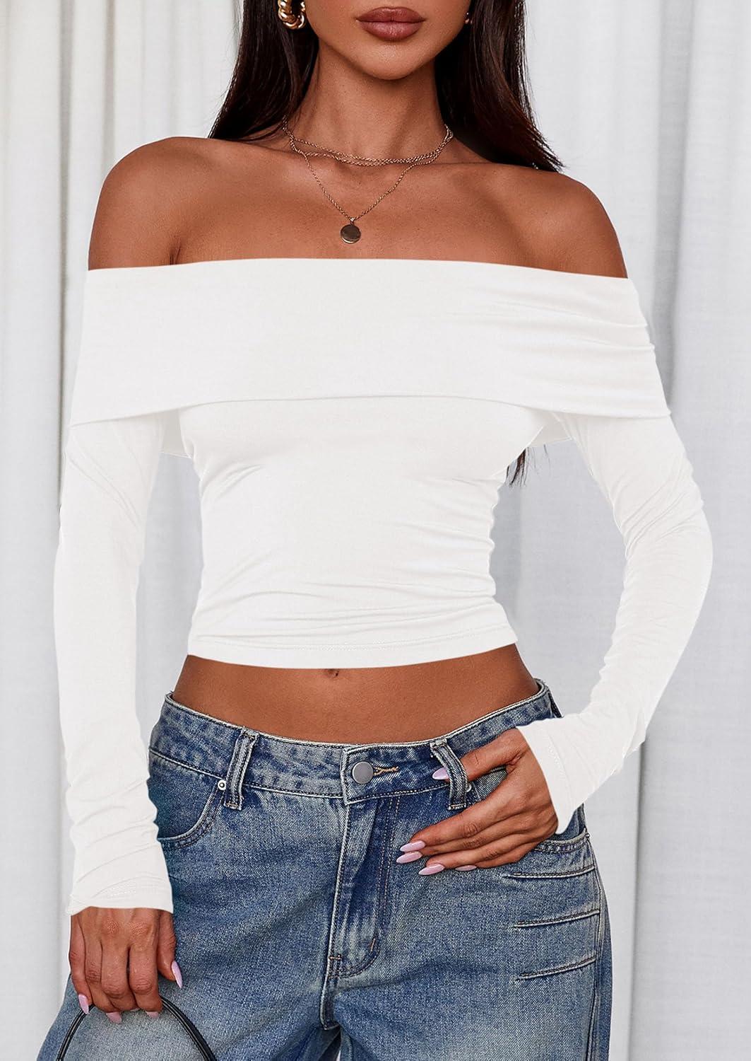 imagePRETTYGARDEN Off The Shoulder Tops for Women 2025 Long Sleeve Shirts Trendy Going Out Crop Top Spring Fashion ClothesWhite