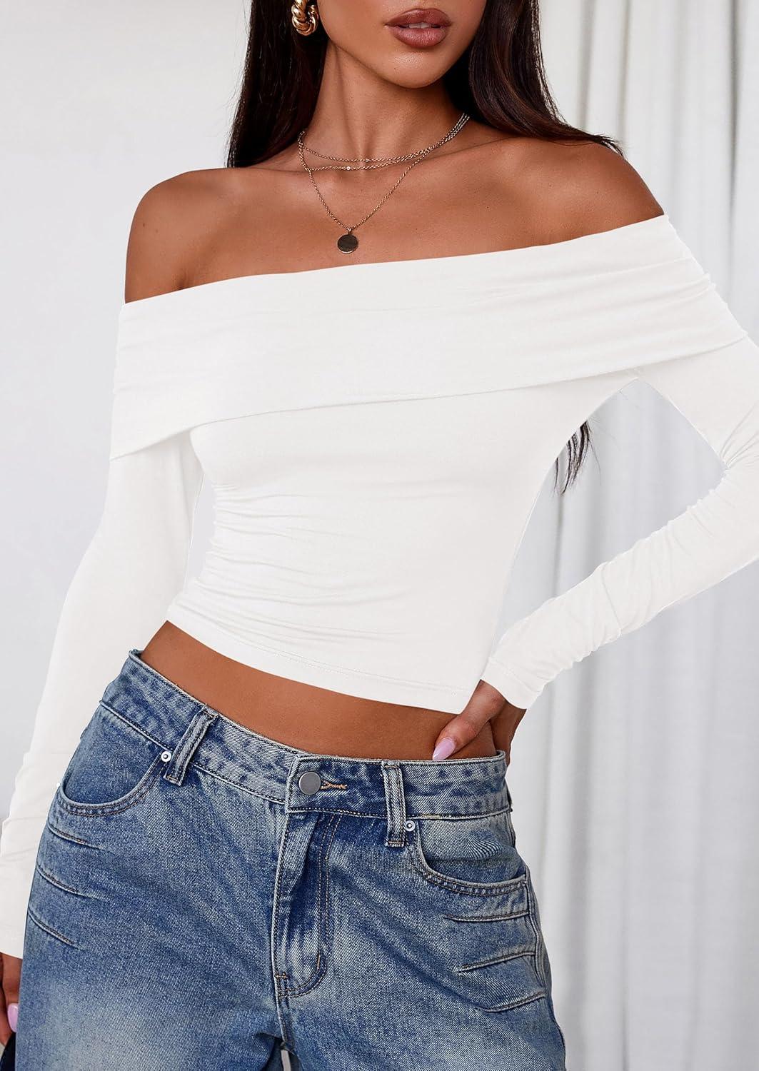 imagePRETTYGARDEN Off The Shoulder Tops for Women 2025 Long Sleeve Shirts Trendy Going Out Crop Top Spring Fashion ClothesWhite