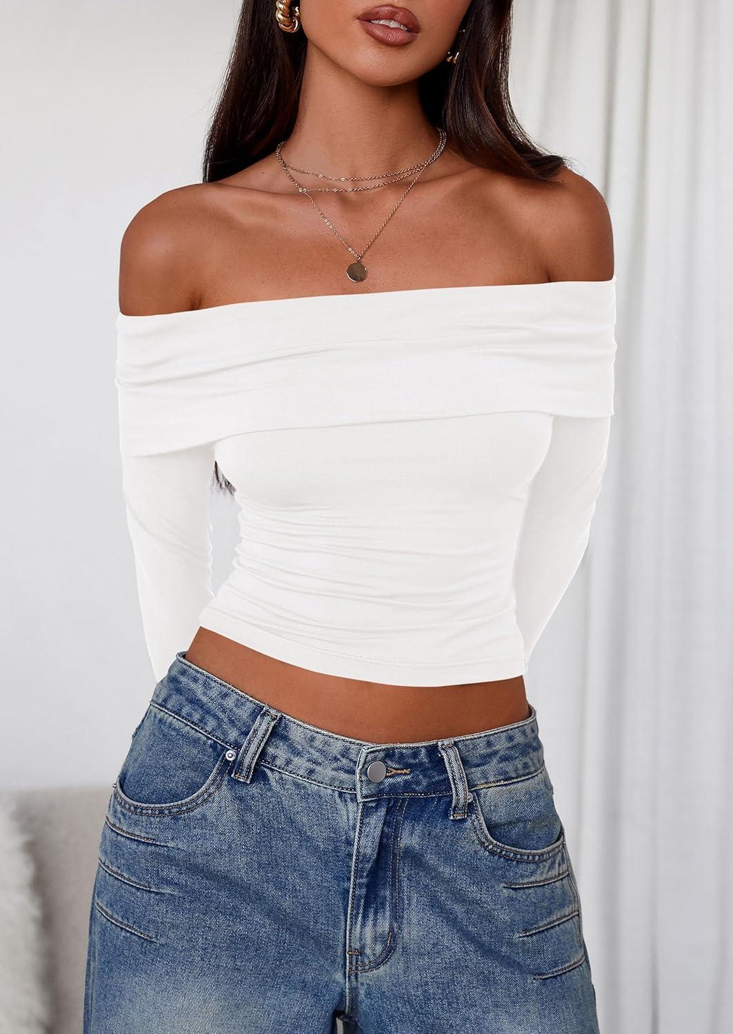 imagePRETTYGARDEN Off The Shoulder Tops for Women 2025 Long Sleeve Shirts Trendy Going Out Crop Top Spring Fashion ClothesWhite
