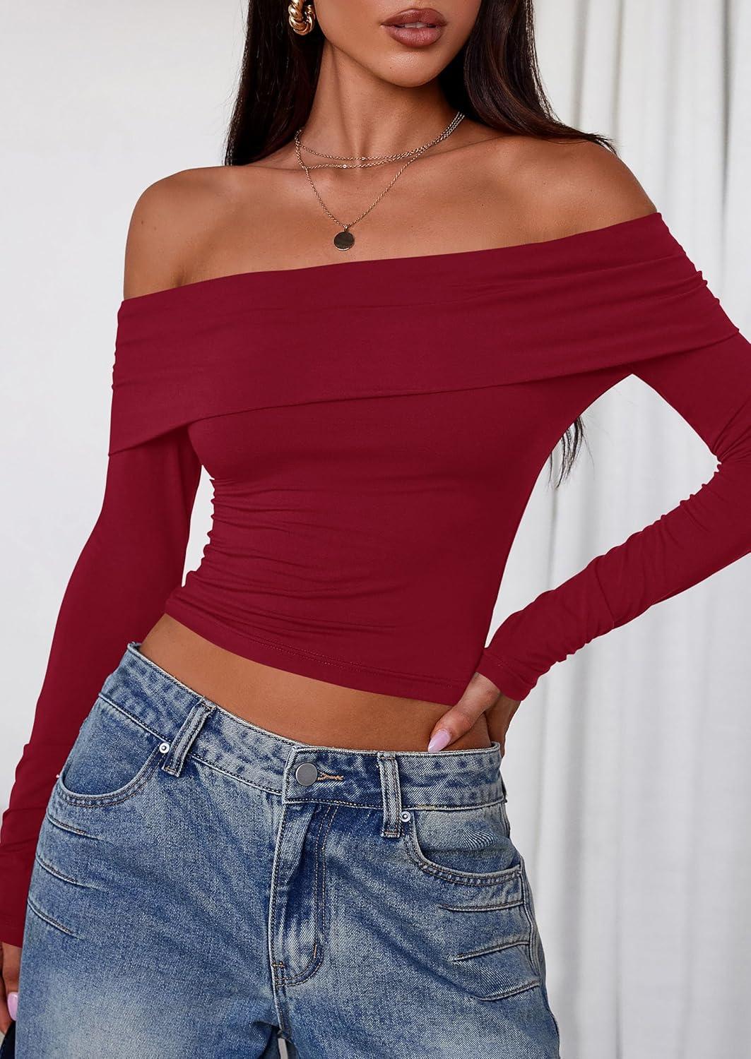 imagePRETTYGARDEN Off The Shoulder Tops for Women 2025 Long Sleeve Shirts Trendy Going Out Crop Top Spring Fashion ClothesWine Red