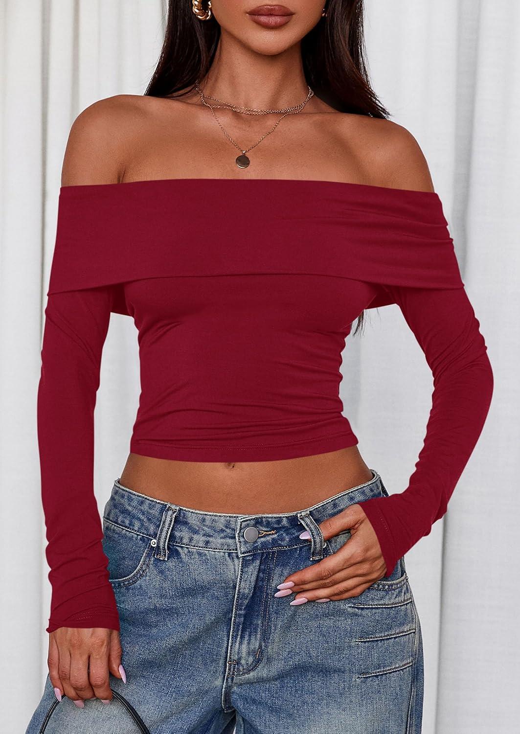 imagePRETTYGARDEN Off The Shoulder Tops for Women 2025 Long Sleeve Shirts Trendy Going Out Crop Top Spring Fashion ClothesWine Red
