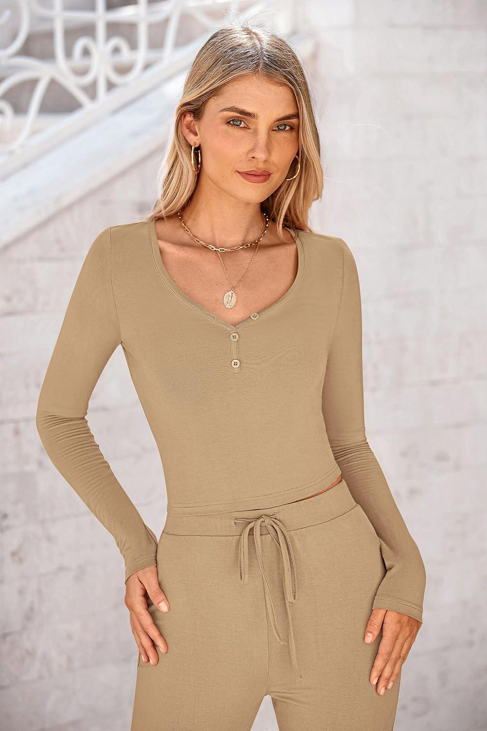 imagePRETTYGARDEN Two Piece Sets For Women Long Sleeve V Neck Crop Tops Flare Pants Lounge Set Casual Outfits KhakiMedium
