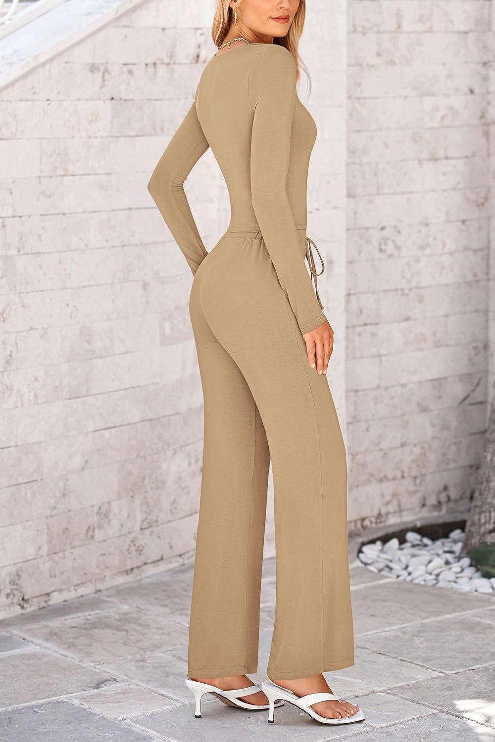 imagePRETTYGARDEN Two Piece Sets For Women Long Sleeve V Neck Crop Tops Flare Pants Lounge Set Casual Outfits KhakiMedium