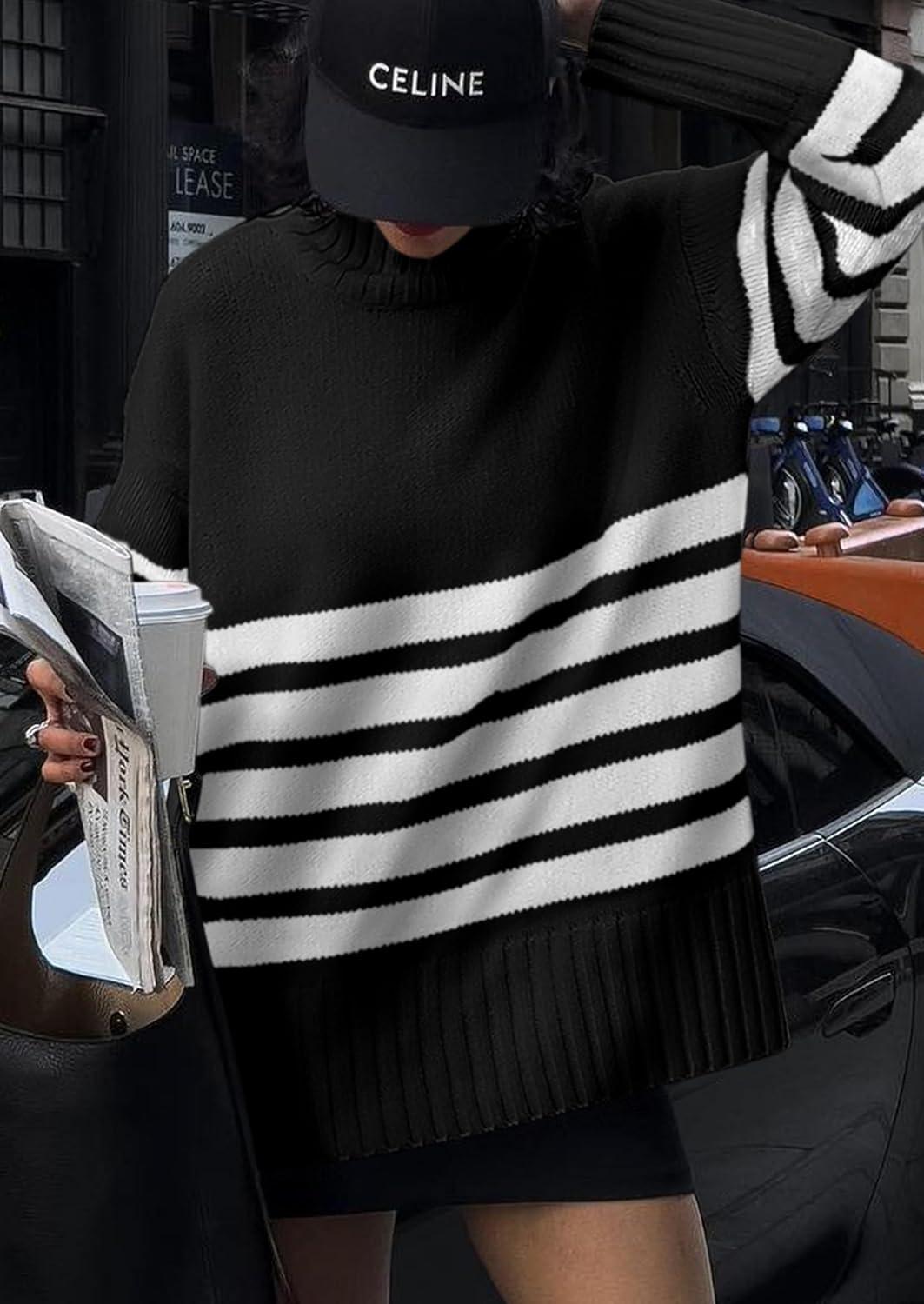 imagePRETTYGARDEN Women Oversized Striped Turtleneck Sweater 2025 Fall Fashion Long Sleeve Pullover Winter Chunky Knit Jumper TopsBlack