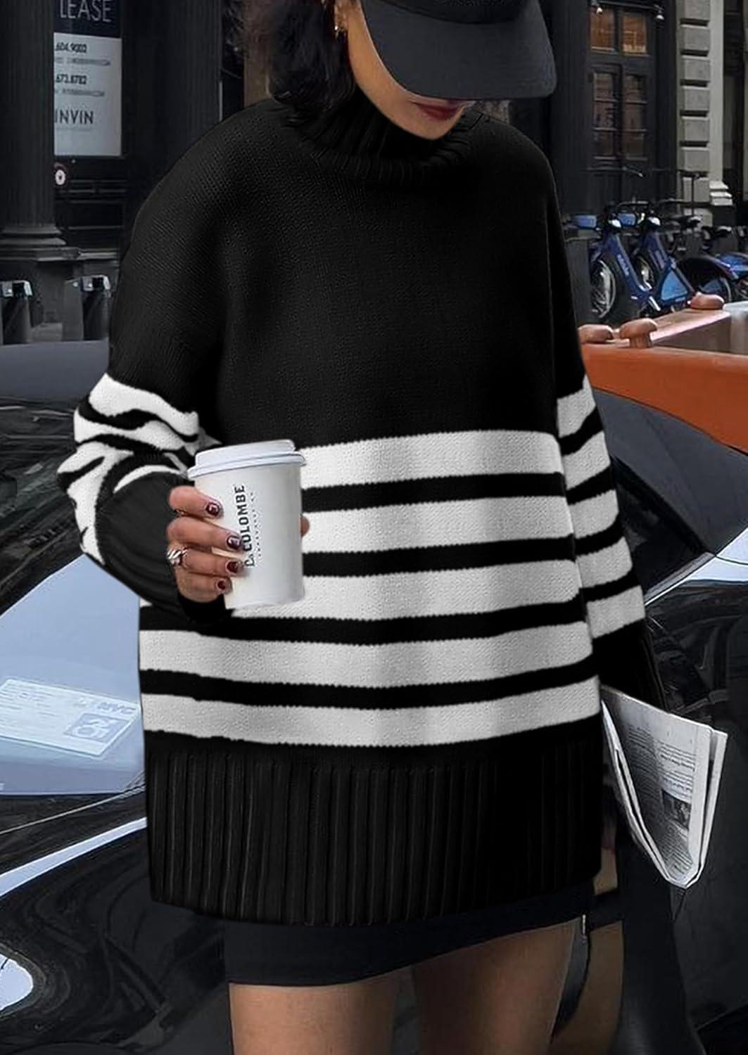 imagePRETTYGARDEN Women Oversized Striped Turtleneck Sweater 2025 Fall Fashion Long Sleeve Pullover Winter Chunky Knit Jumper TopsBlack