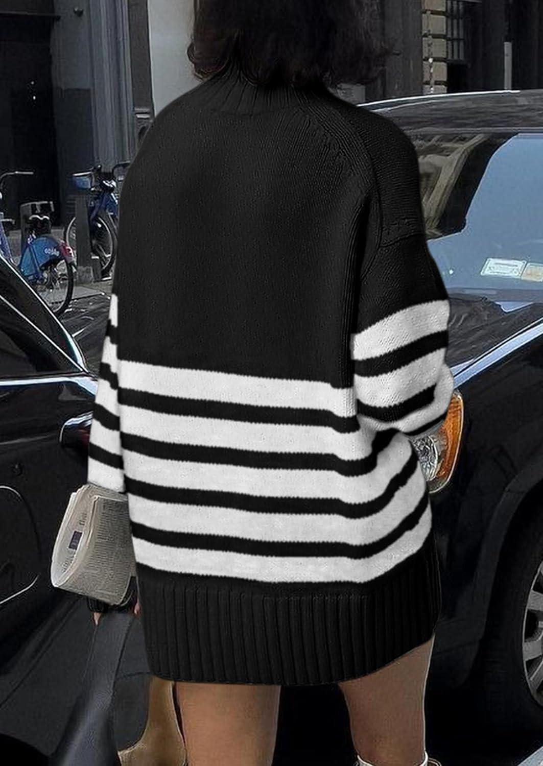 imagePRETTYGARDEN Women Oversized Striped Turtleneck Sweater 2025 Fall Fashion Long Sleeve Pullover Winter Chunky Knit Jumper TopsBlack