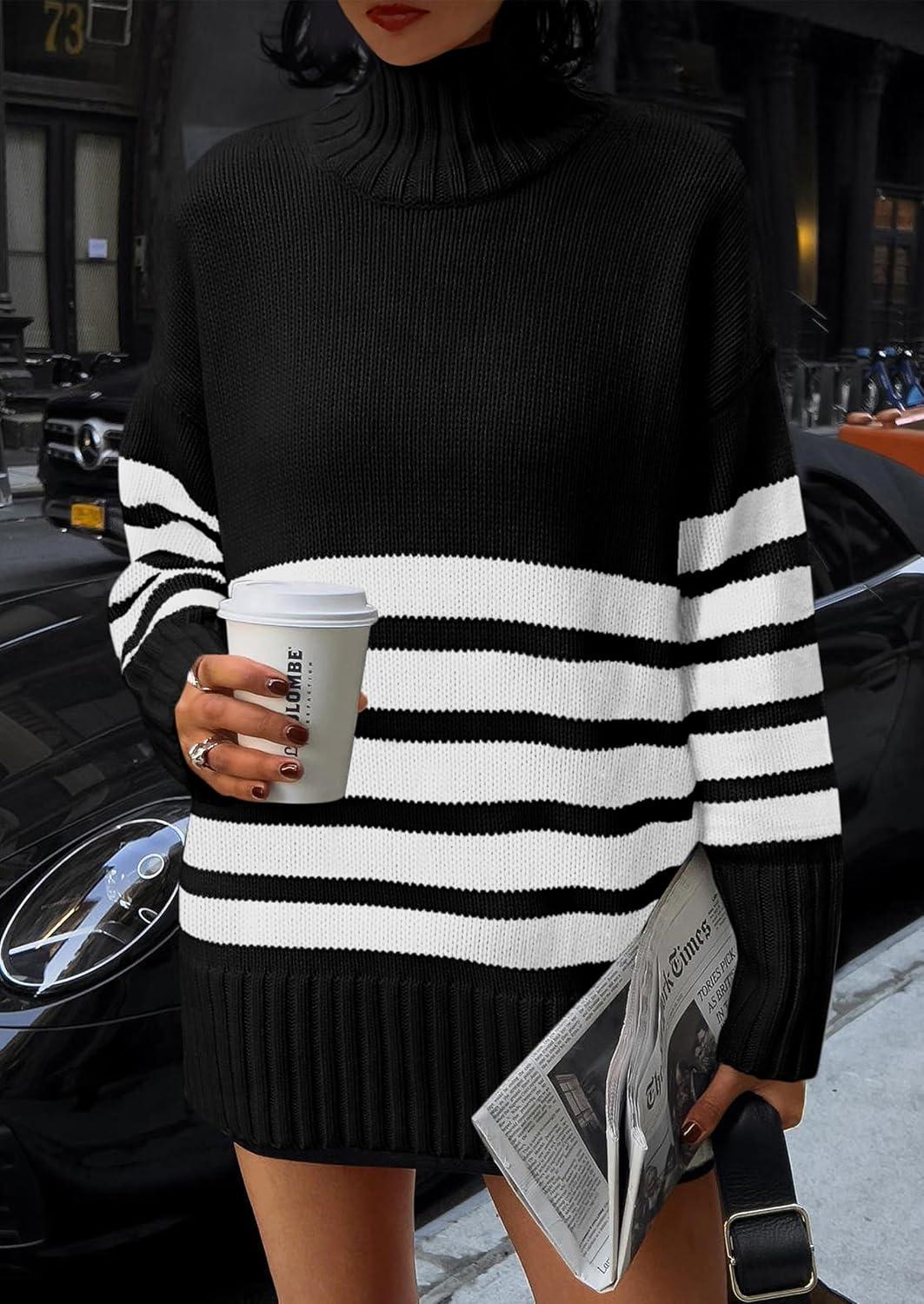 imagePRETTYGARDEN Women Oversized Striped Turtleneck Sweater 2025 Fall Fashion Long Sleeve Pullover Winter Chunky Knit Jumper TopsBlack