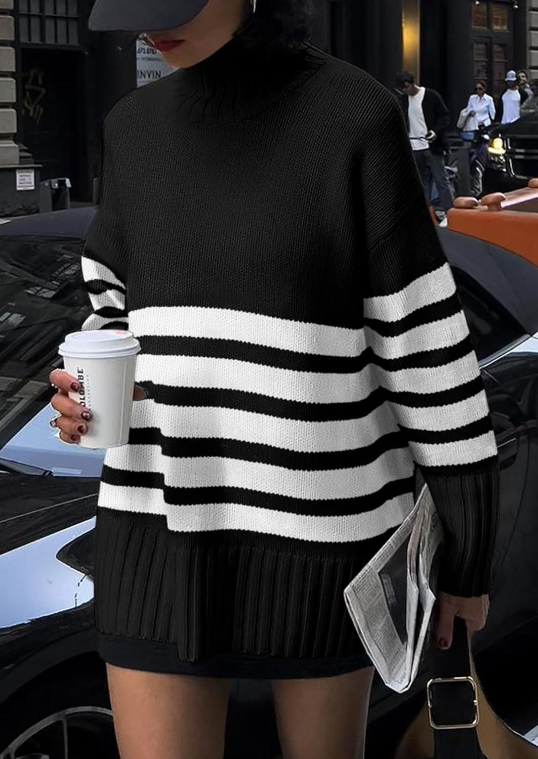 imagePRETTYGARDEN Women Oversized Striped Turtleneck Sweater 2025 Fall Fashion Long Sleeve Pullover Winter Chunky Knit Jumper TopsBlack