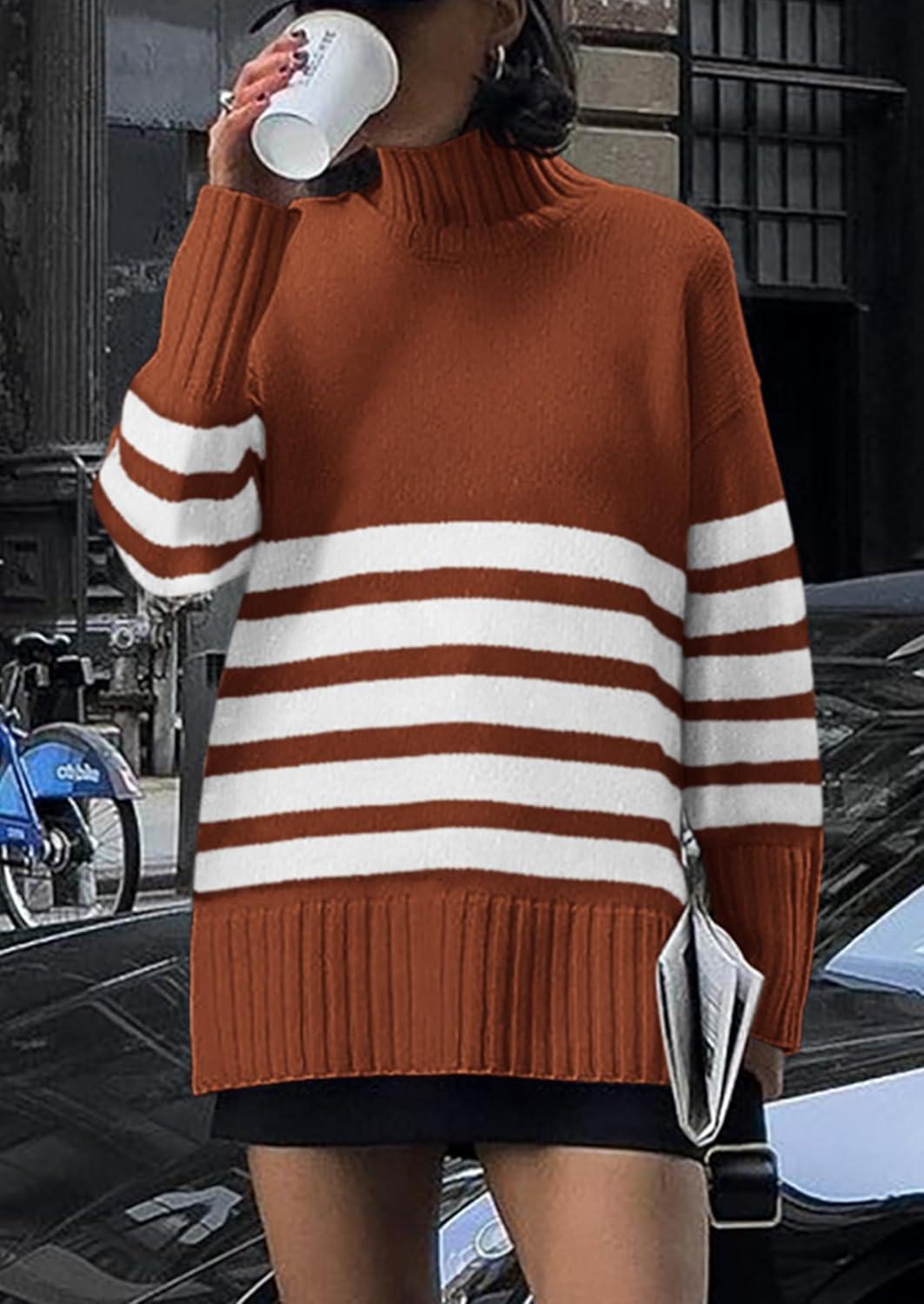 imagePRETTYGARDEN Women Oversized Striped Turtleneck Sweater 2025 Fall Fashion Long Sleeve Pullover Winter Chunky Knit Jumper TopsRust Red