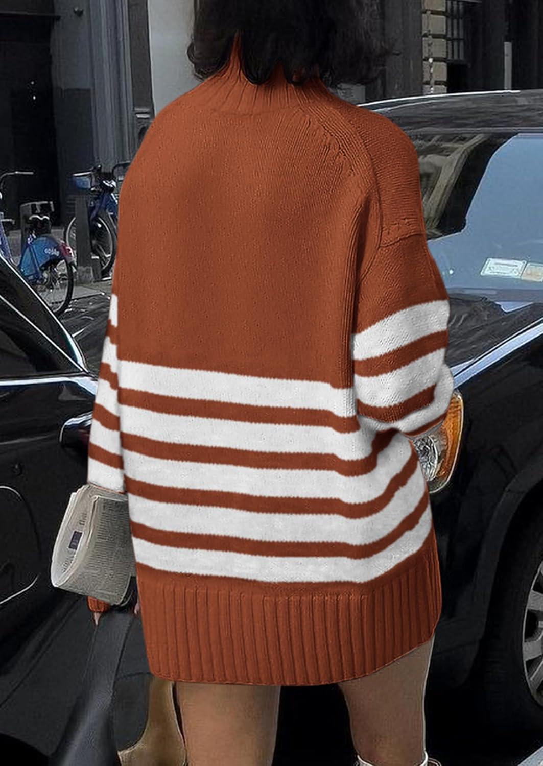 imagePRETTYGARDEN Women Oversized Striped Turtleneck Sweater 2025 Fall Fashion Long Sleeve Pullover Winter Chunky Knit Jumper TopsRust Red