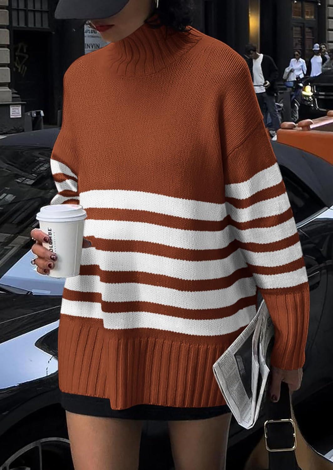 imagePRETTYGARDEN Women Oversized Striped Turtleneck Sweater 2025 Fall Fashion Long Sleeve Pullover Winter Chunky Knit Jumper TopsRust Red