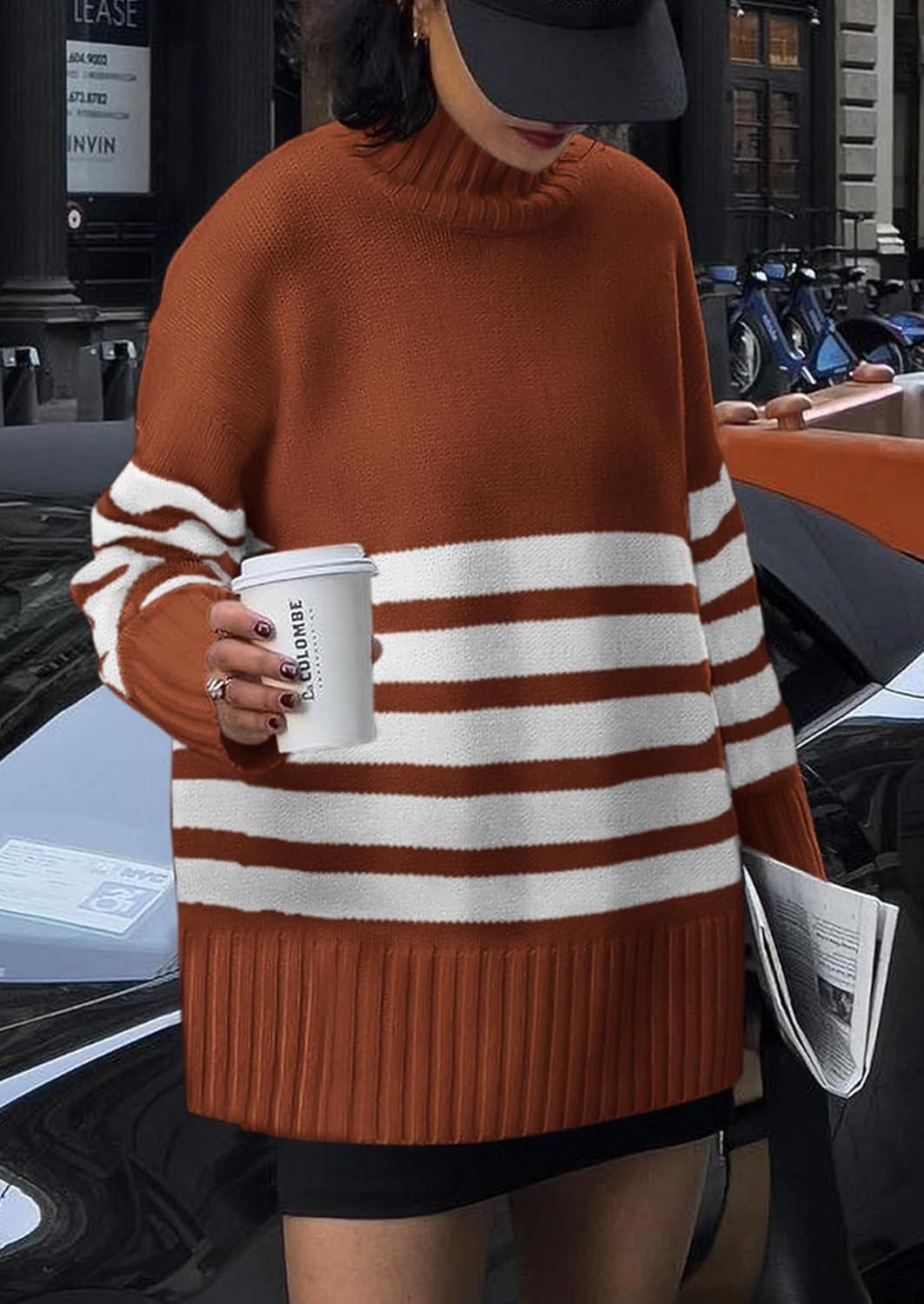imagePRETTYGARDEN Women Oversized Striped Turtleneck Sweater 2025 Fall Fashion Long Sleeve Pullover Winter Chunky Knit Jumper TopsRust Red