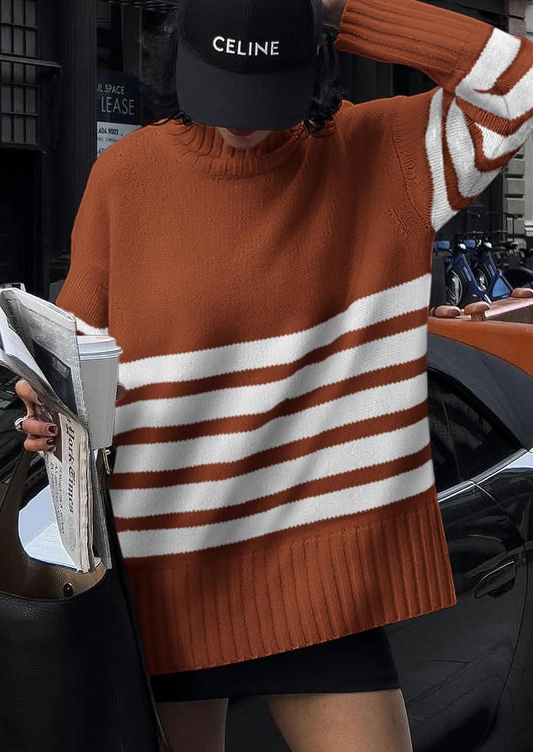 imagePRETTYGARDEN Women Oversized Striped Turtleneck Sweater 2025 Fall Fashion Long Sleeve Pullover Winter Chunky Knit Jumper TopsRust Red